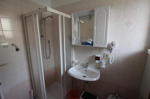 a bathroom with a shower and a sink and a mirror at Hotel Florida in Molveno