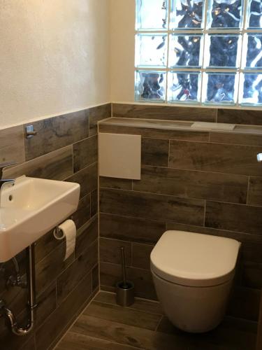 a bathroom with a toilet and a sink and a window at Bergstätt Lodge in Immenstadt im Allgäu