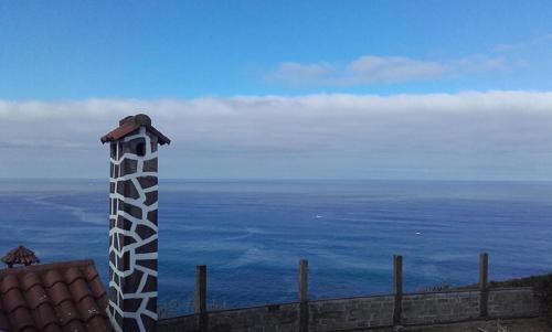 a giraffe statue on top of a building with the ocean at Country House in Azores - S. Miguel in Ribeira Grande