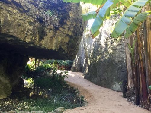 a path through a cave in a rock wall at The Rocks Chalets in Takaka
