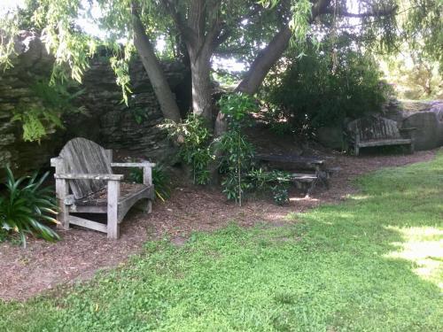 two benches sitting under a tree in a yard at The Rocks Chalets in Takaka