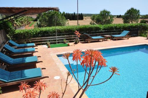 una piscina con sillas azules, una mesa y una planta en Agroturismo Finca Sant Blai en Campos