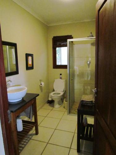 a bathroom with a toilet and a sink and a shower at Nkumbe Bush Retreat Family Home in Ponta Malongane