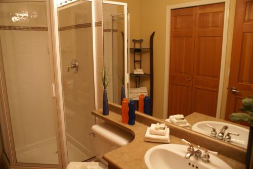 a bathroom with a shower and a sink and a mirror at Whistler Superior Properties in Whistler
