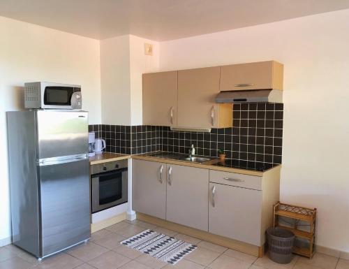 eine kleine Küche mit einem Kühlschrank und einer Mikrowelle in der Unterkunft Studio Kaoha Nui - Private apartment in Papeete