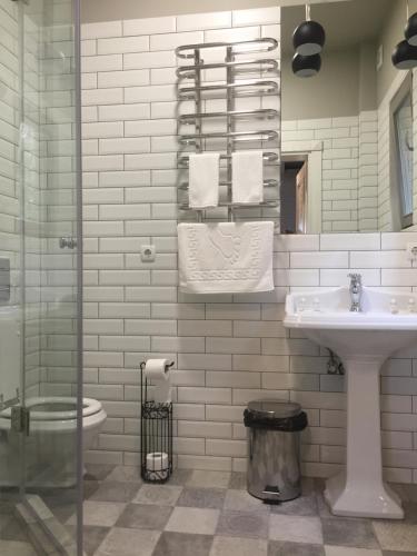 a bathroom with a sink and a toilet and a shower at Hygge in Tatariv