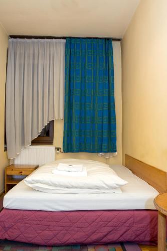 a bed in a room with a blue curtain at Hotel Karkonosze in Kamienna Góra