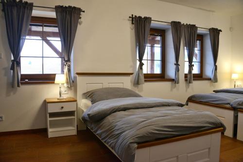 a bedroom with two beds and two windows at Penzion BLATNICE in Blatnice