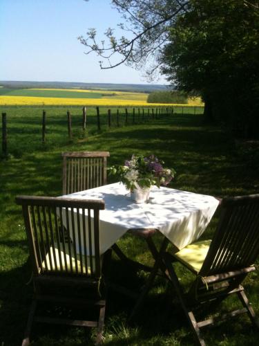 a table with a vase of flowers on it at Logis Hotel La Grange Du Relais in Colombey-les-deux-Églises