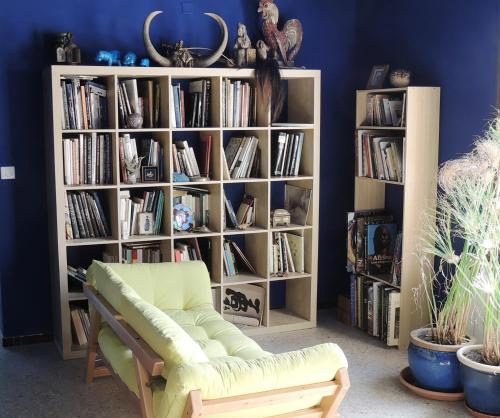 ein Bücherregal mit Büchern im Wohnzimmer in der Unterkunft Domaine Houillon in Faucon