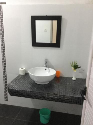 a bathroom with a white sink and a mirror at Skipper Dan Bungalow in La Gaulette