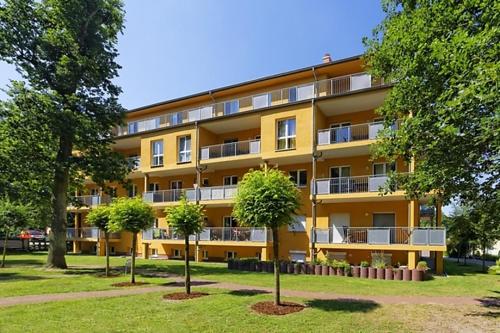 een geel gebouw met bomen ervoor bij Ferienwohnung Seestraße in Zempin