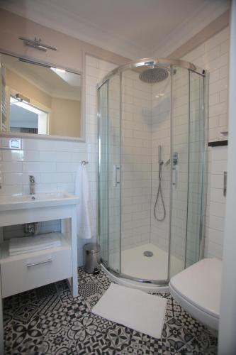 a bathroom with a shower and a sink and a toilet at Willa Aura Mare in Dziwnów