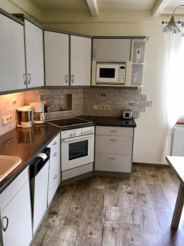 a kitchen with white cabinets and white appliances at Ferienwohnungen Panorama Harrys Bike Tours in Villach