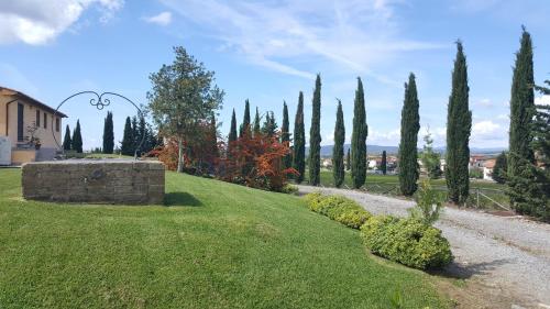 a row of cypress trees in a park with a house at La Locanda della Vecchia Hosteria in Gavorrano