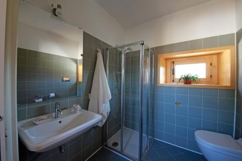 ein Bad mit einem Waschbecken, einer Dusche und einem WC in der Unterkunft Agriturismo la Scala in Salò