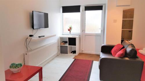 a living room with a couch and a tv on a wall at Swindon Old Town Studio - EnterCloud9SA in Swindon