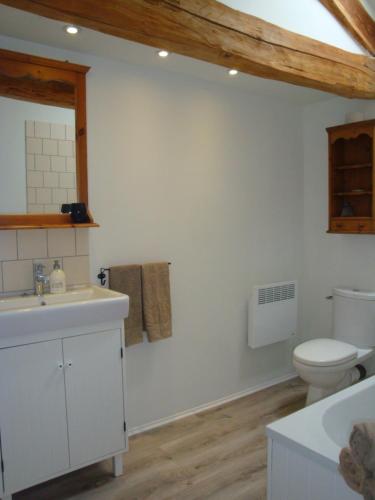 a bathroom with a white sink and a toilet at 'La Maison Catalpa' French Farmhouse with Pool & Jaccuzi in Saint-Privat-des-Prés