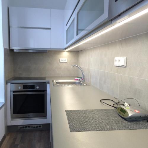 a kitchen with a microwave oven and a sink at Elf in Kolín
