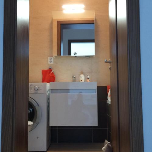 a bathroom with a washing machine and a mirror at Elf in Kolín