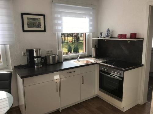 a kitchen with a sink and a stove at Ferienhaus an der Selke in Meisdorf