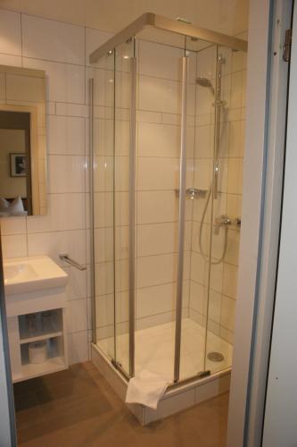 a shower with a glass door in a bathroom at Hotel-Gasthof Postbräu Dingolfing in Dingolfing
