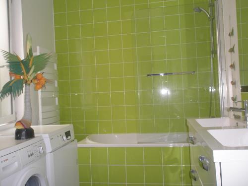 La salle de bains est pourvue de carrelage vert, d'une baignoire et d'un lavabo. dans l'établissement Rochais, à La Rochelle