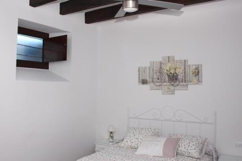 um quarto com uma cama e uma ventoinha de tecto em El Capricho de San Fernando, Consigna gratis y Parking a 200mts em Córdoba