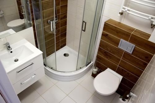 ein Bad mit einer Dusche, einem WC und einem Waschbecken in der Unterkunft Dom Gościnny Matex in Pustkowo