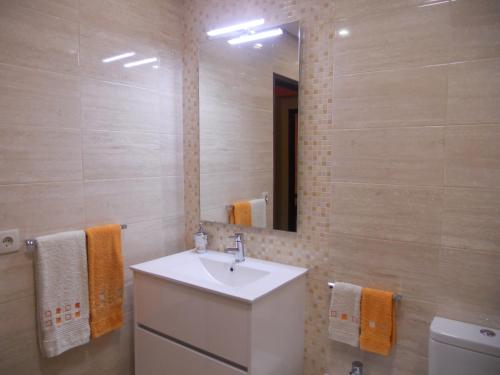 a bathroom with a sink and a mirror at Home Aveiro Ria in Aveiro