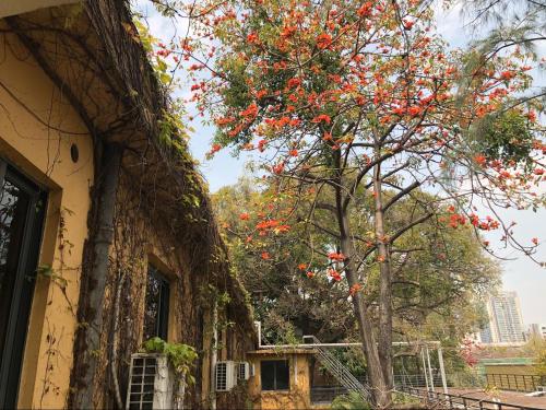 a tree with red flowers next to a building at Guangzhou Fangyuan Hotel - Free Shuttle Bus to Canton Fair Complex during 14th Oct to 3rd Nov in Guangzhou