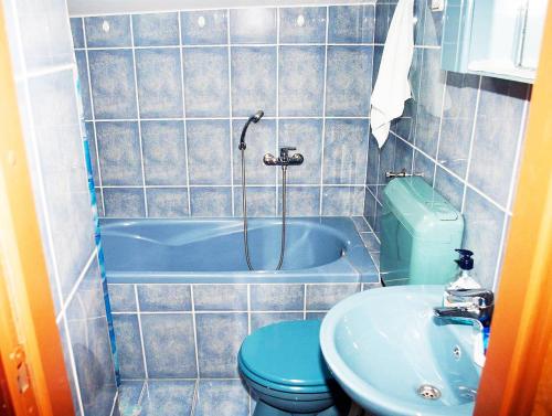 ein Badezimmer mit einer blauen Badewanne, einem WC und einem Waschbecken in der Unterkunft Apartment Bogadi in Prvić Luka