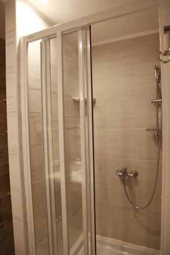 a shower with a glass door in a bathroom at WINE & ROSE BOUTIQUE HOTEL in Kharkiv