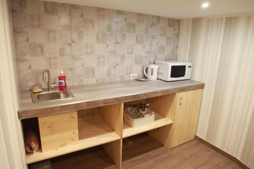 a kitchen counter with a sink and a microwave at WINE & ROSE BOUTIQUE HOTEL in Kharkiv