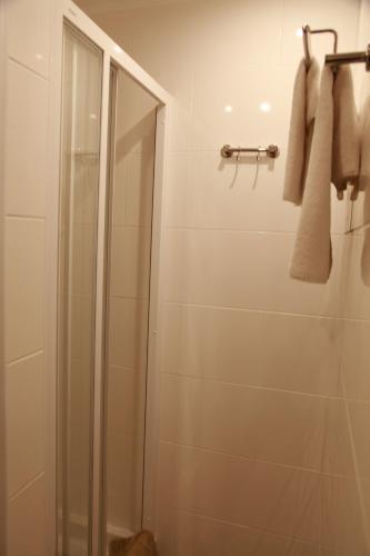 a bathroom with a shower and towels on a wall at WINE & ROSE BOUTIQUE HOTEL in Kharkiv