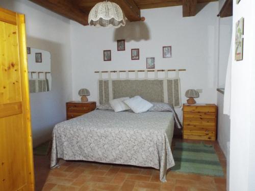 a bedroom with a bed and a chandelier at Agriturismo Frallarenza in Ficulle