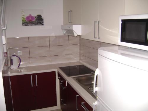 a small kitchen with a sink and a microwave at Željko Apartmani in Lopar
