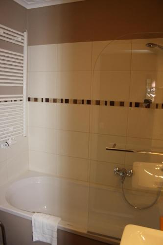 a bathroom with a bath tub and a toilet at Gasthof und Pension Zur Frischen Quelle in Heigenbrücken