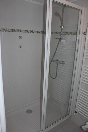 a shower with a glass door in a bathroom at Hotel restaurant MARTINEZ in Balaruc-les-Bains