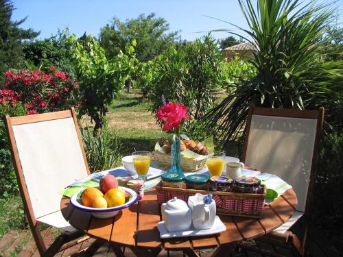 a table with a breakfast of fruit and juice at La Lucques Masabelle in Mirepeisset