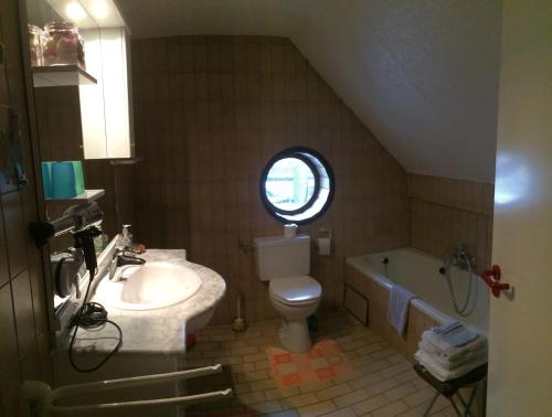 a bathroom with a sink and a toilet and a window at 't Vliethuys in Zwijndrecht