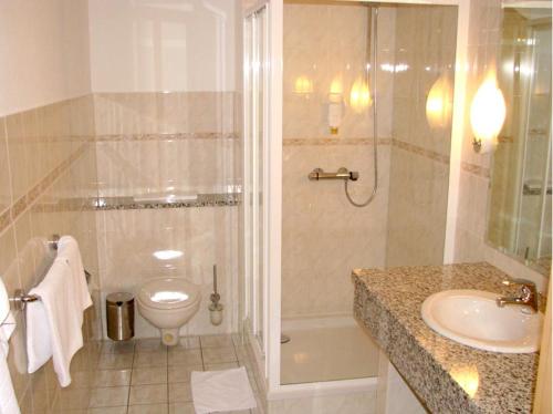 a bathroom with a shower and a toilet and a sink at Hotel am Platz in Hohenmölsen