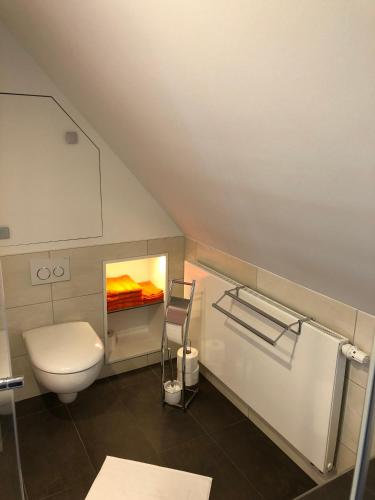 a small bathroom with a toilet and a sink at Villa Seeidyll in Prieros