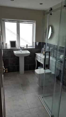 a bathroom with a sink and a glass shower at Summat Else B & B in New Quay
