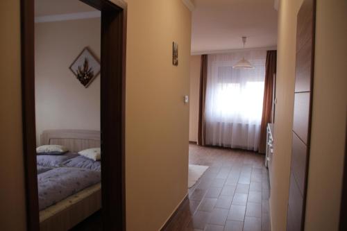a mirror in a room with a bed and a window at Imola és Andrea Apartmanház 2 in Hajdúszoboszló