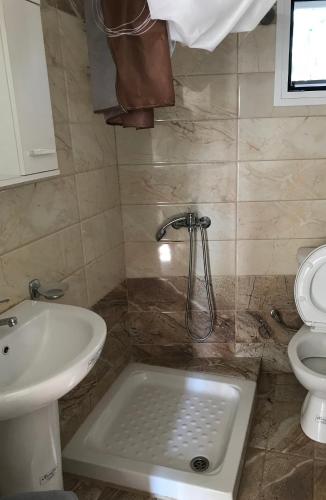 a bathroom with a shower and a sink and a toilet at Studio Zenap in Agios Georgios