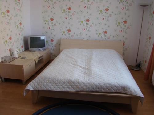 a bedroom with a bed and a desk with a tv at DW Jantar in Władysławowo