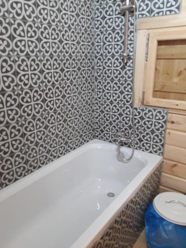 a bathroom with a white tub and a toilet at Cyprus Glamping Park in Ayios Theodhoros