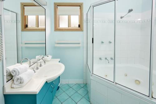 a bathroom with a tub and a sink and a shower at Budgewoi Holiday Park in Budgewoi