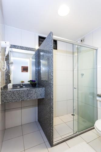 a bathroom with a glass shower and a sink at Hotel Tavares Correia in Garanhuns